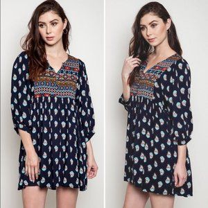 Umgee Navy Boho Peasant Babydoll Tunic Mini Dress